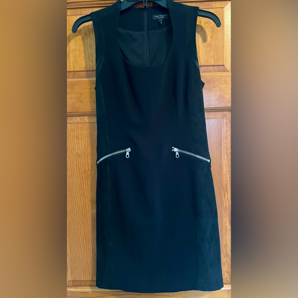 Rag & Bone Black Stretch Crepe Leather Suede Panel mini dress, size 0